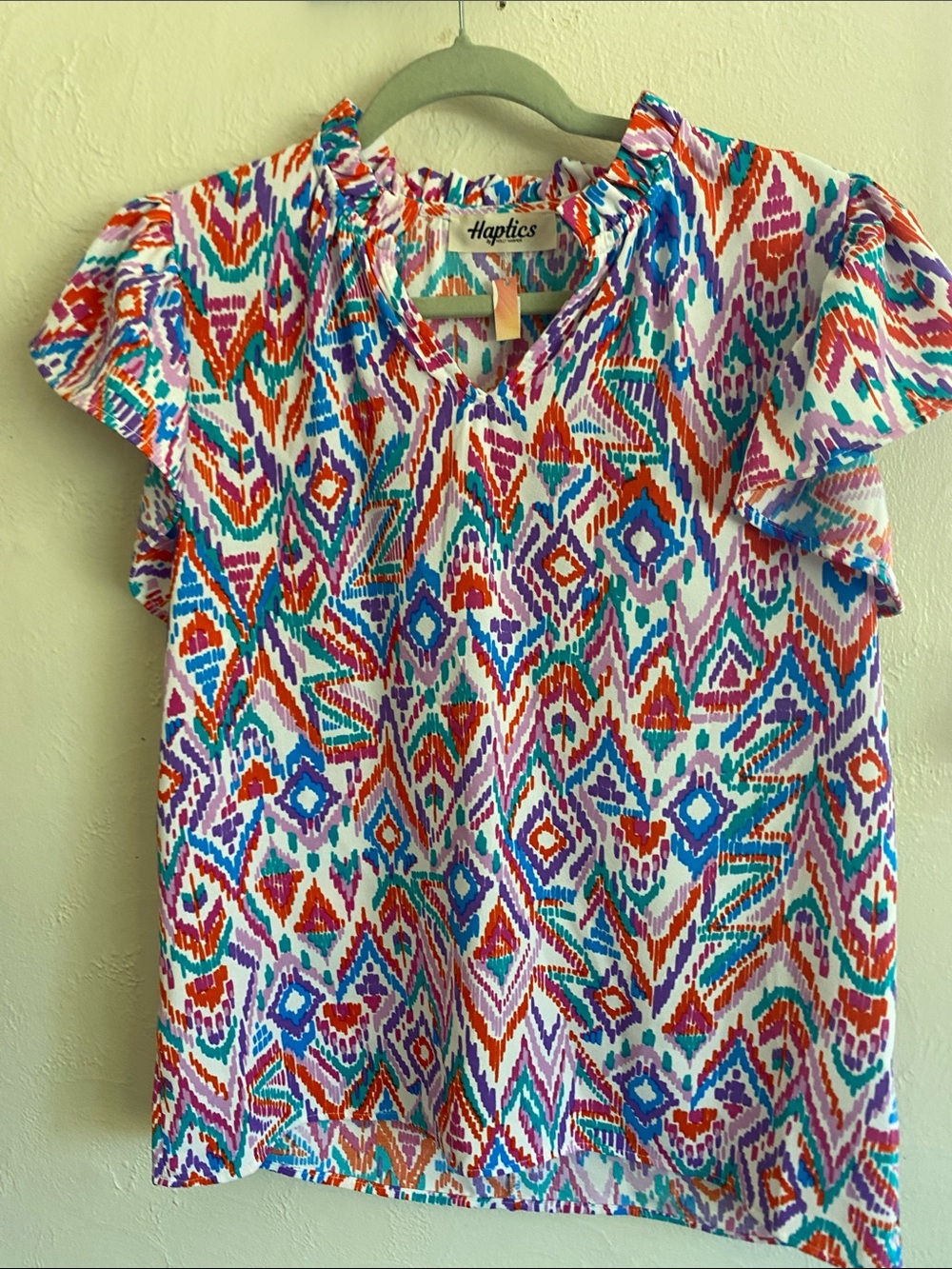 Haptics White Multicolor Aztec Print Flutter Sleeve Blouse
